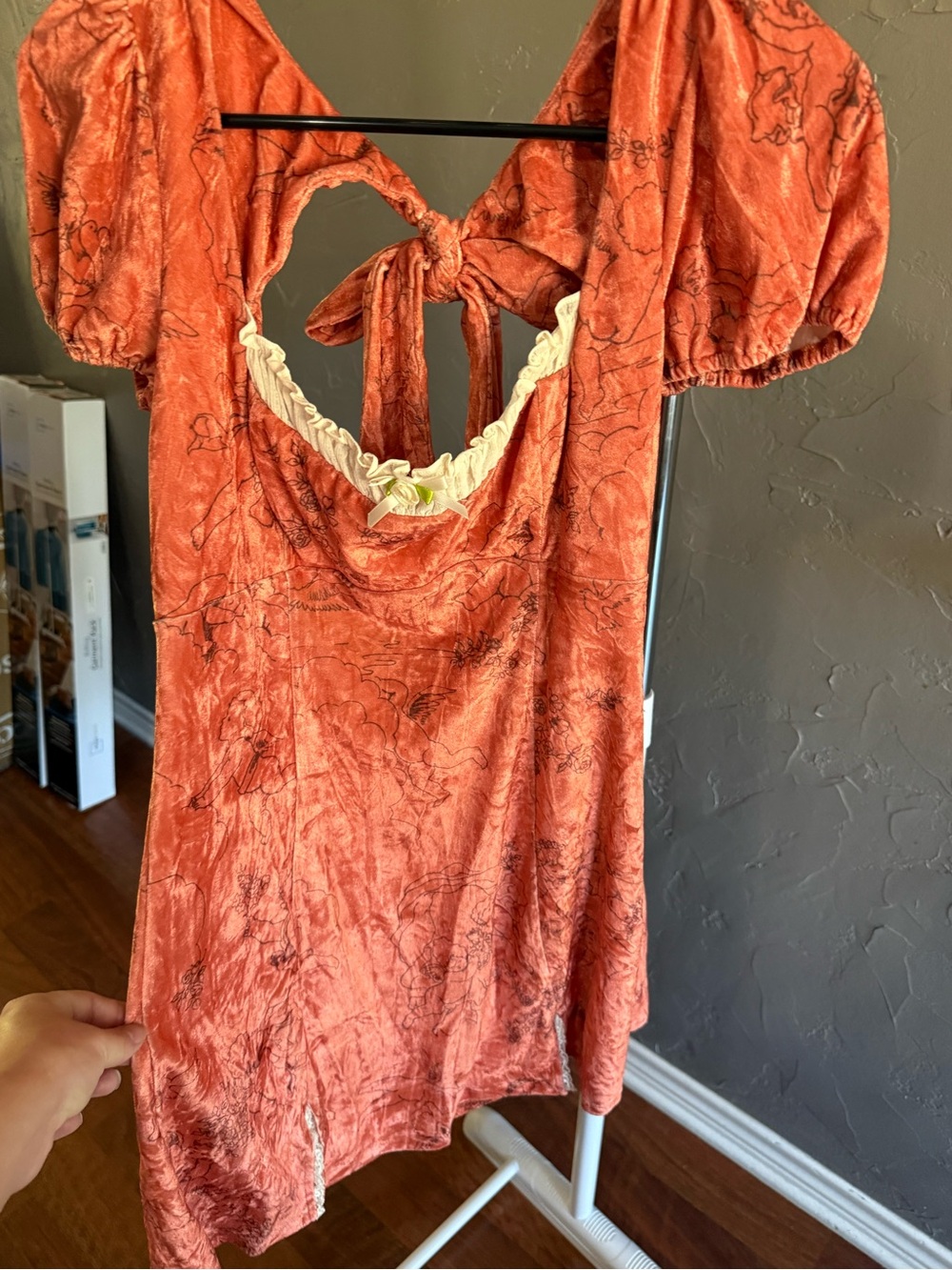 Urban Outfitters Rust Orange Tie-Back Mini Dress with Puff Sleeves